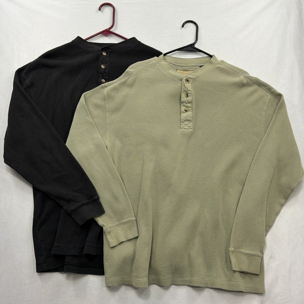 Vintage Naturalife Henley Shirt Waffle Knit Thermal Black Green Mens XXL Lot (2)